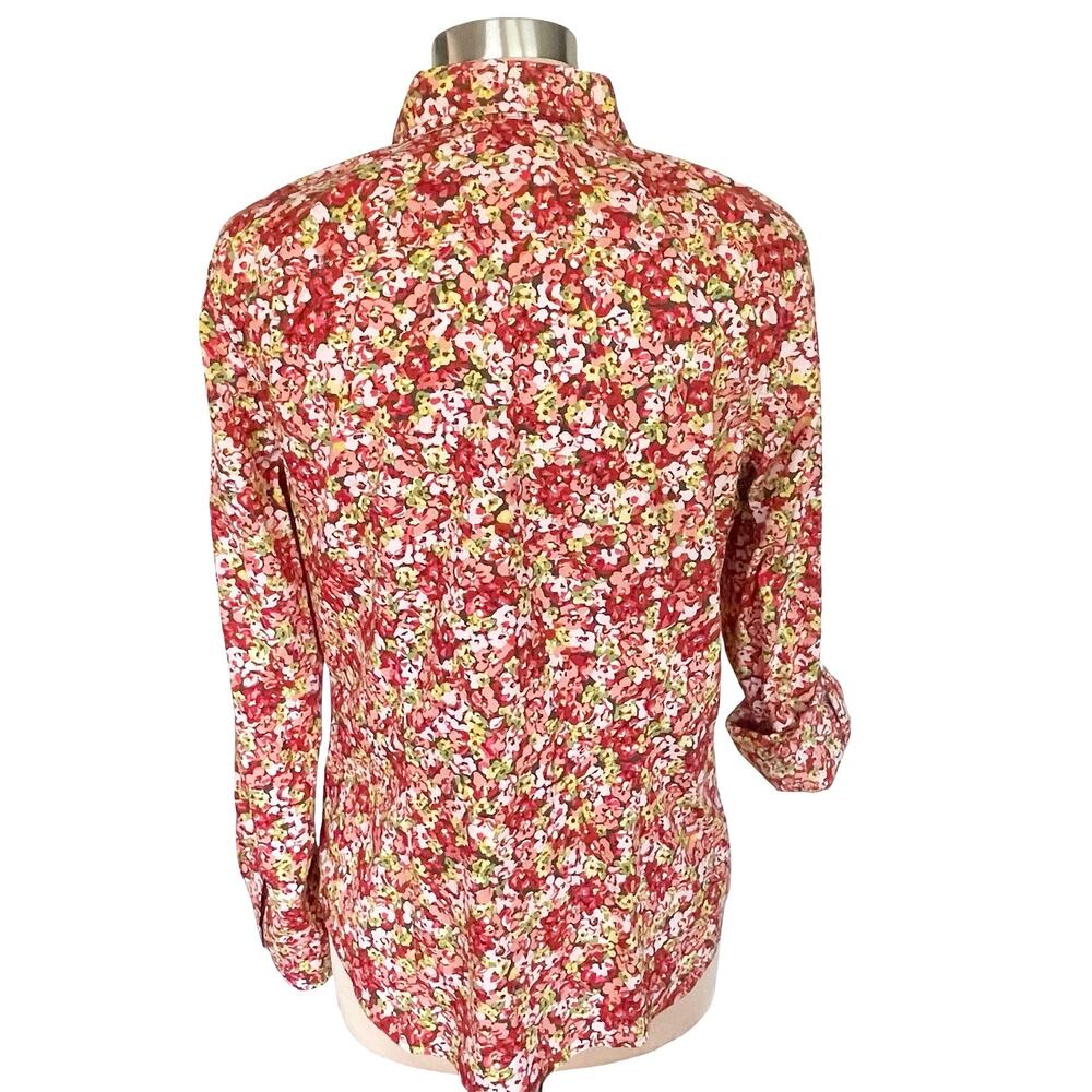 Talbots Red Floral Button Up Shirt Size 12p Roll Tab Sleeves Classic Work Wear - Picture 4 of 11